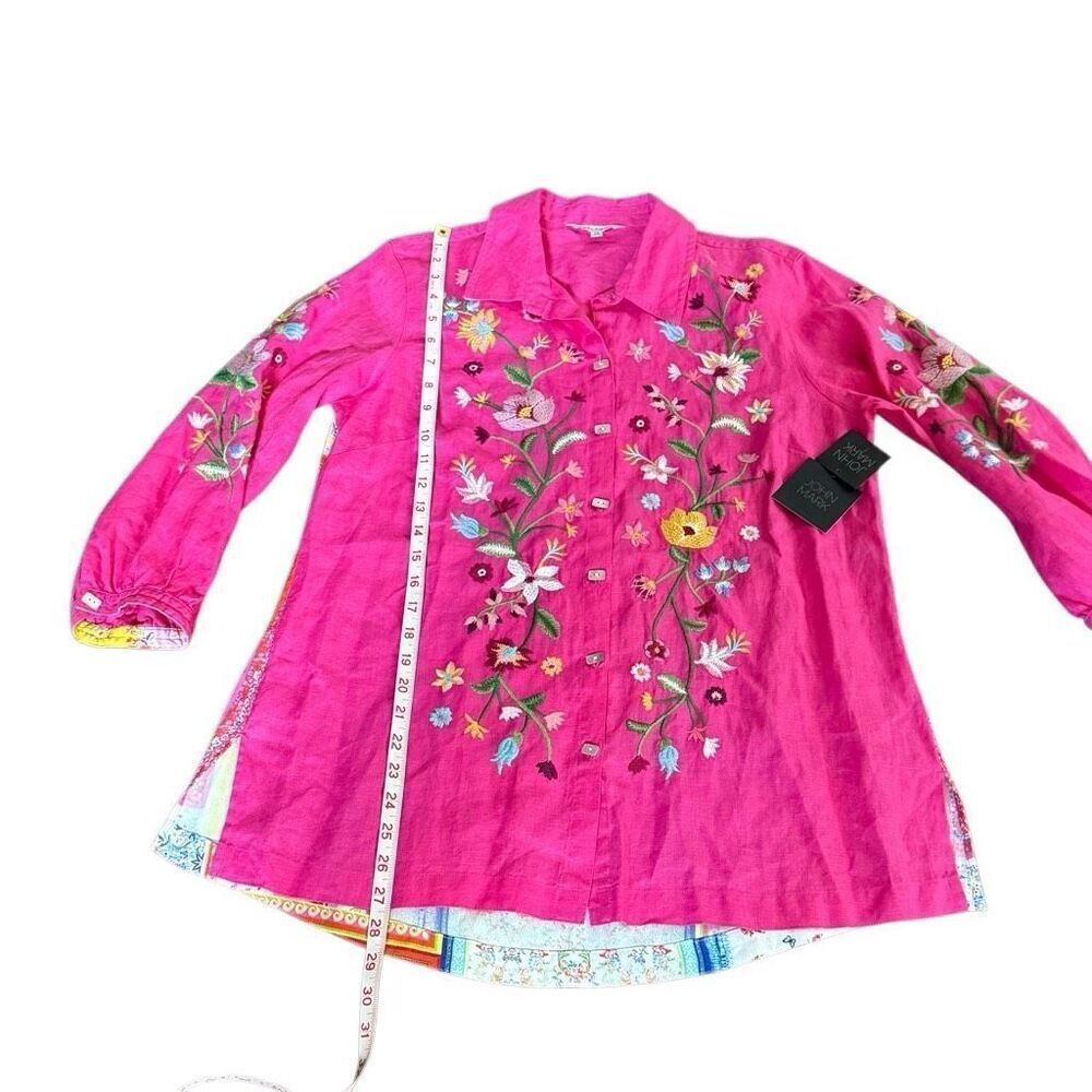 John Mark Embroidered Floral Linen Shirt 3/4 Sleeve Pink Multi Spring Summer New - Picture 6 of 12